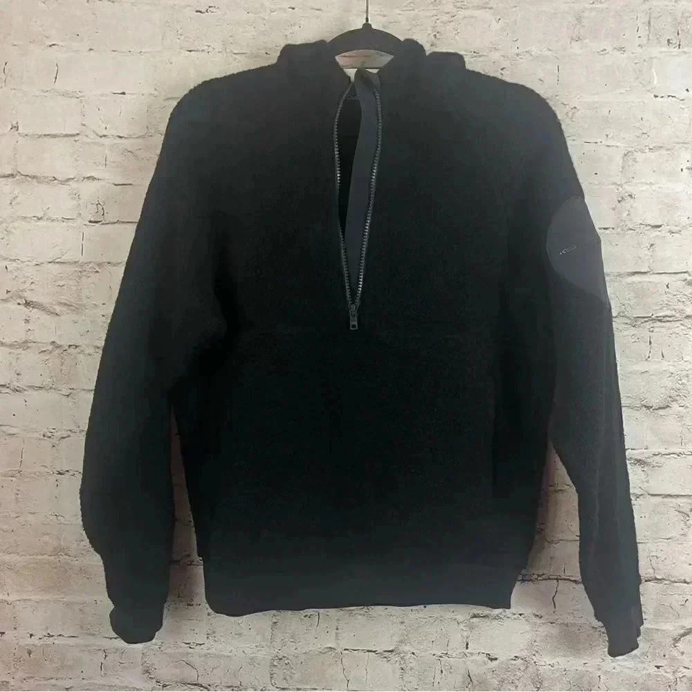 Outdoor Voices Womens XS MegaFleece 1/4 Zip Hoodie Sweatshirt Pockets Black Wool - Picture 4 of 11